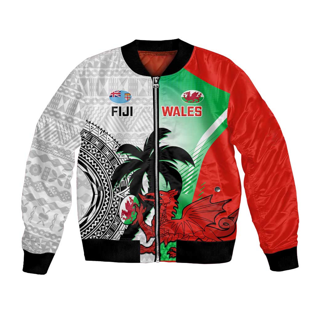 Custom Fiji And Wales Rugby Bomber Jacket Fijian Tapa Welsh Mascots Dynamic Version