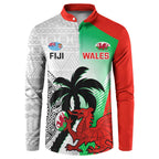 Custom Fiji And Wales Rugby Button Sweatshirt Fijian Tapa Welsh Mascots Dynamic Version