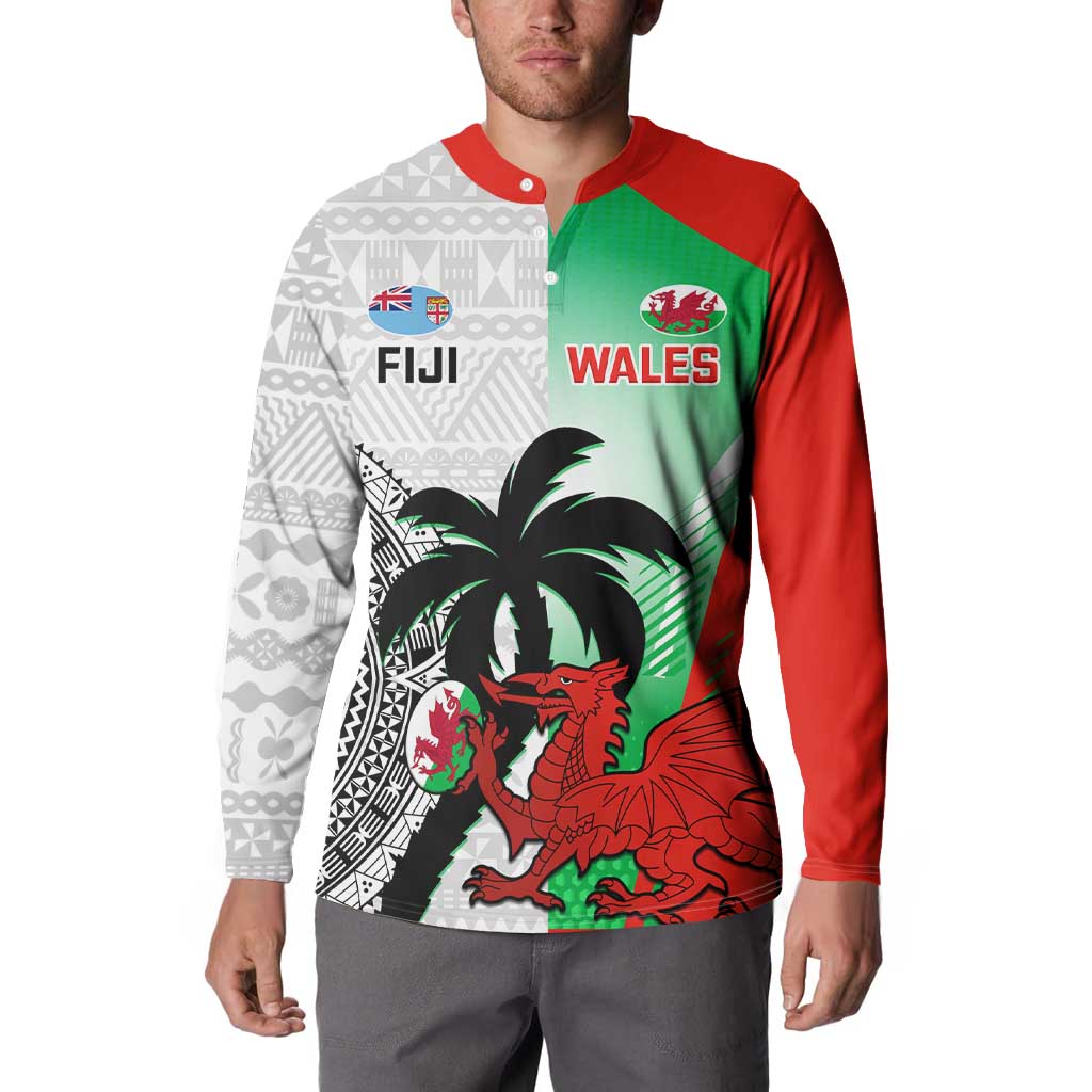 Custom Fiji And Wales Rugby Button Sweatshirt Fijian Tapa Welsh Mascots Dynamic Version