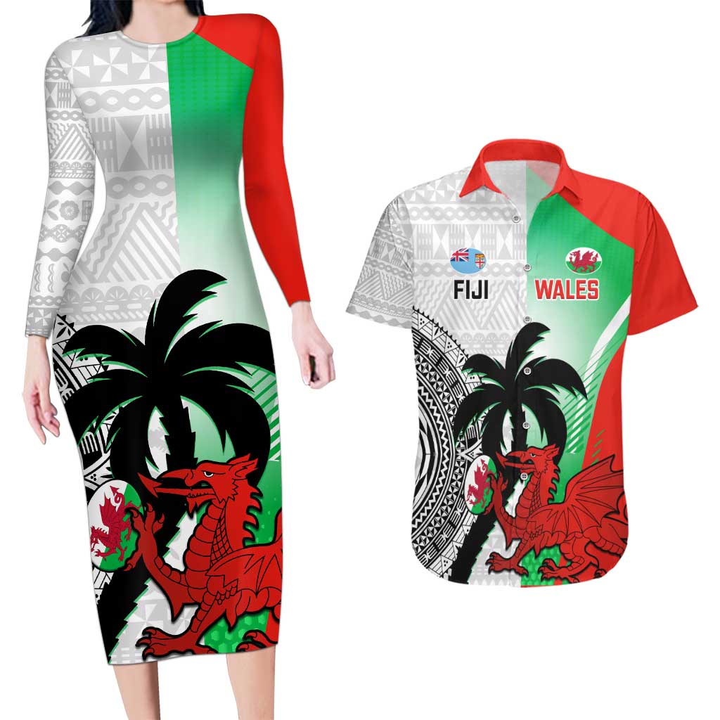 Custom Fiji And Wales Rugby Couples Matching Long Sleeve Bodycon Dress and Hawaiian Shirt Fijian Tapa Welsh Mascots Dynamic Version