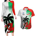 Custom Fiji And Wales Rugby Couples Matching Long Sleeve Bodycon Dress and Hawaiian Shirt Fijian Tapa Welsh Mascots Dynamic Version