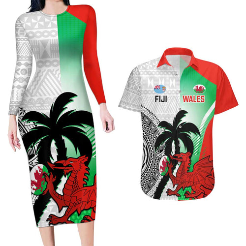 Custom Fiji And Wales Rugby Couples Matching Long Sleeve Bodycon Dress and Hawaiian Shirt Fijian Tapa Welsh Mascots Dynamic Version