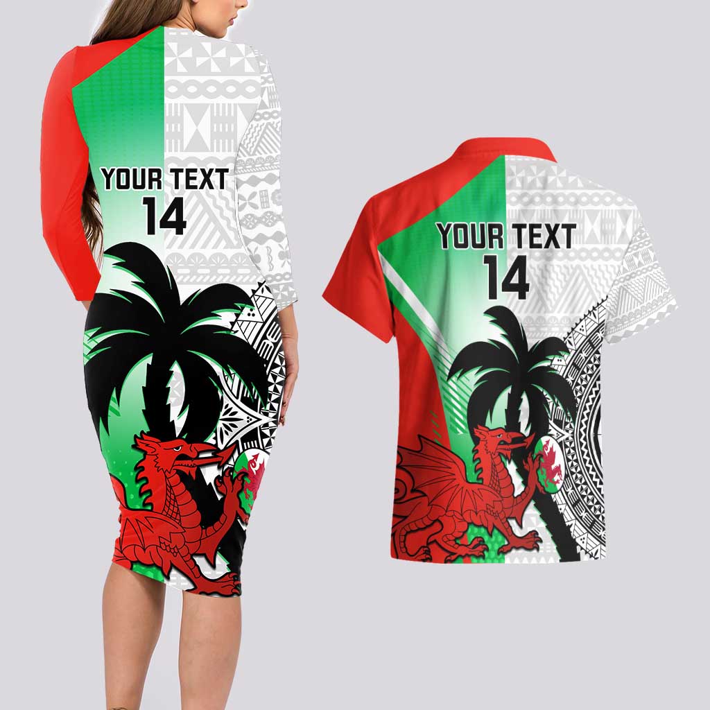 Custom Fiji And Wales Rugby Couples Matching Long Sleeve Bodycon Dress and Hawaiian Shirt Fijian Tapa Welsh Mascots Dynamic Version