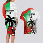 Custom Fiji And Wales Rugby Couples Matching Long Sleeve Bodycon Dress and Hawaiian Shirt Fijian Tapa Welsh Mascots Dynamic Version