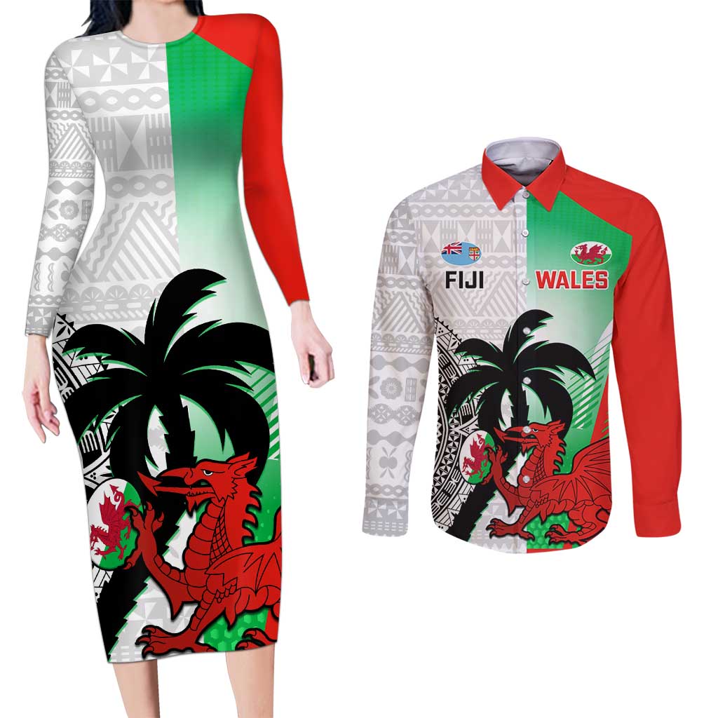 Custom Fiji And Wales Rugby Couples Matching Long Sleeve Bodycon Dress and Long Sleeve Button Shirt Fijian Tapa Welsh Mascots Dynamic Version