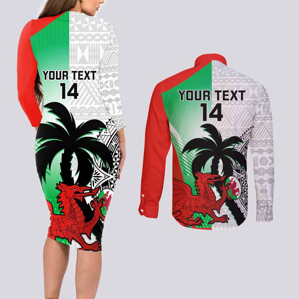 Custom Fiji And Wales Rugby Couples Matching Long Sleeve Bodycon Dress and Long Sleeve Button Shirt Fijian Tapa Welsh Mascots Dynamic Version