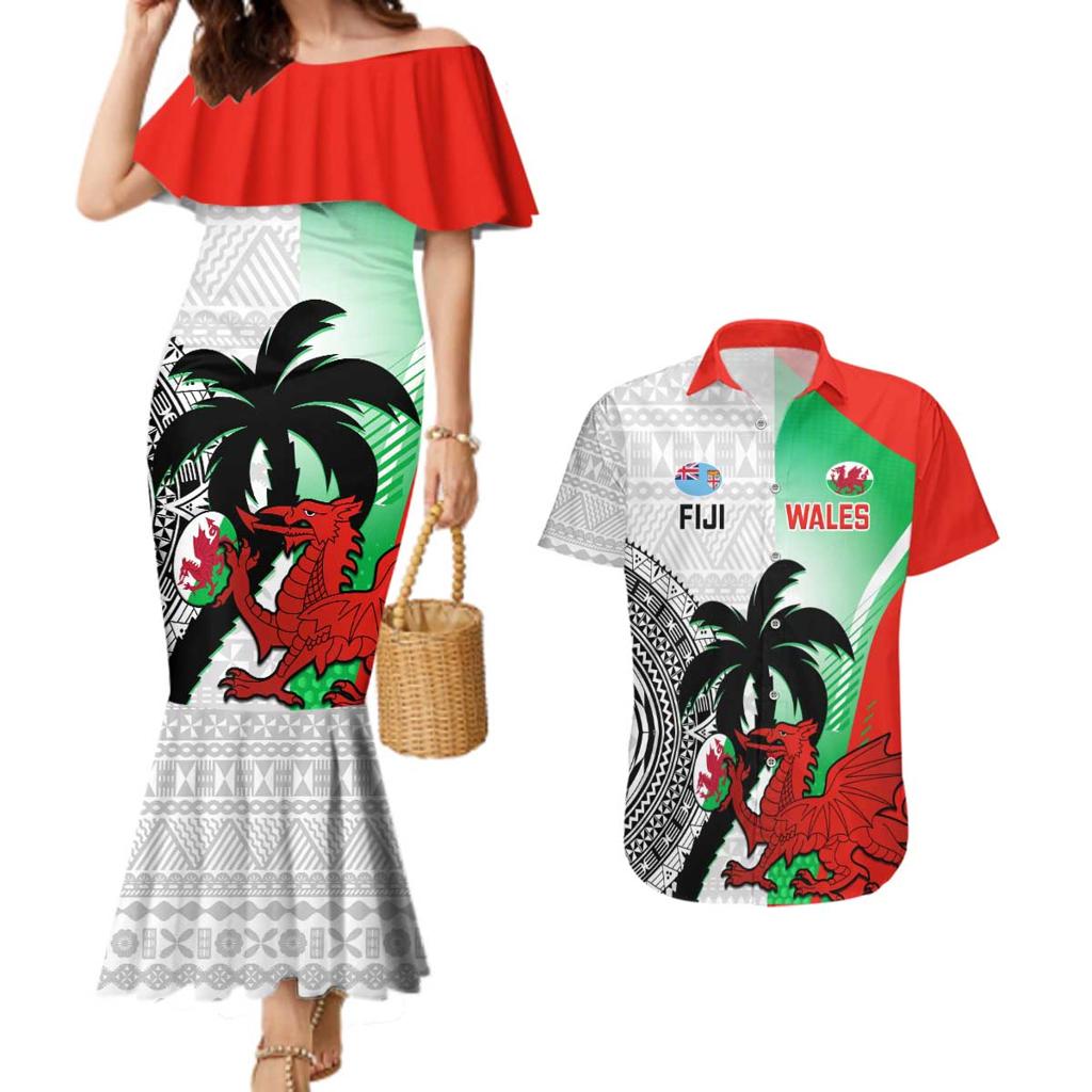 Custom Fiji And Wales Rugby Couples Matching Mermaid Dress and Hawaiian Shirt Fijian Tapa Welsh Mascots Dynamic Version