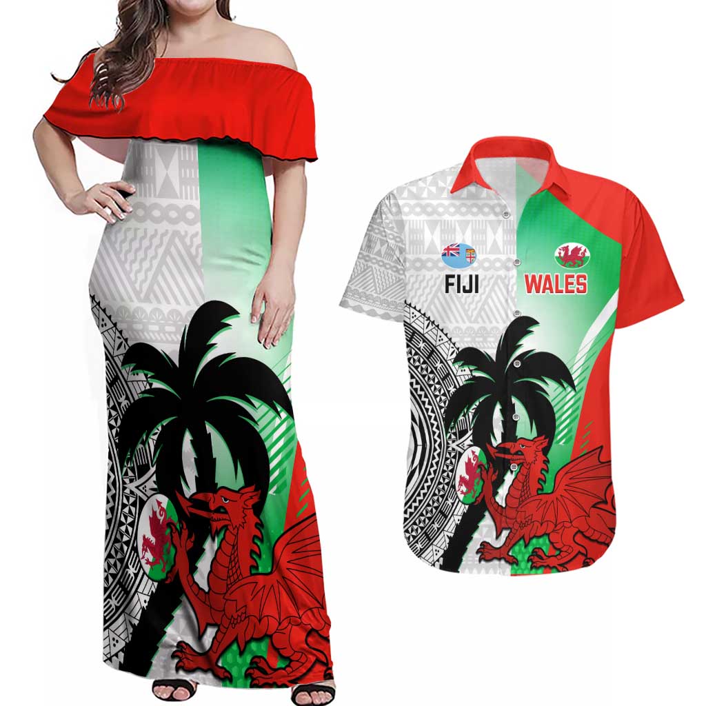 Custom Fiji And Wales Rugby Couples Matching Off Shoulder Maxi Dress and Hawaiian Shirt Fijian Tapa Welsh Mascots Dynamic Version