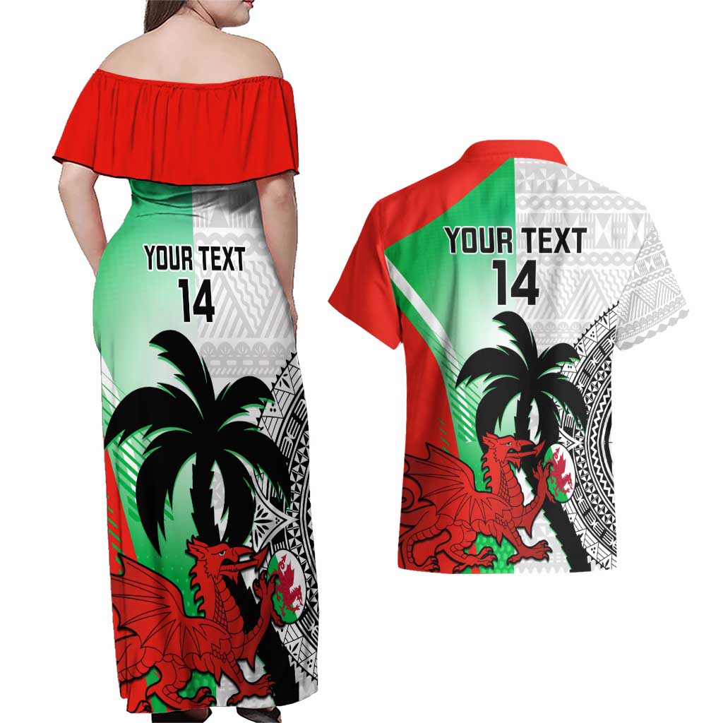 Custom Fiji And Wales Rugby Couples Matching Off Shoulder Maxi Dress and Hawaiian Shirt Fijian Tapa Welsh Mascots Dynamic Version