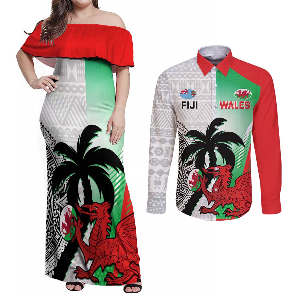 Custom Fiji And Wales Rugby Couples Matching Off Shoulder Maxi Dress and Long Sleeve Button Shirt Fijian Tapa Welsh Mascots Dynamic Version