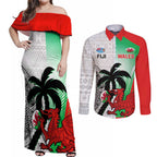 Custom Fiji And Wales Rugby Couples Matching Off Shoulder Maxi Dress and Long Sleeve Button Shirt Fijian Tapa Welsh Mascots Dynamic Version