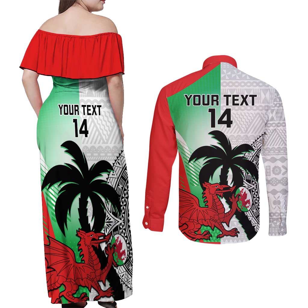 Custom Fiji And Wales Rugby Couples Matching Off Shoulder Maxi Dress and Long Sleeve Button Shirt Fijian Tapa Welsh Mascots Dynamic Version