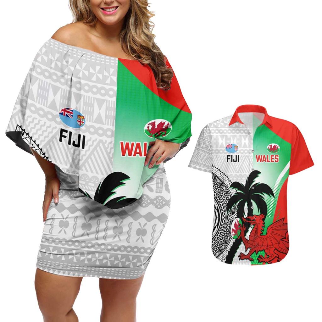 Custom Fiji And Wales Rugby Couples Matching Off Shoulder Short Dress and Hawaiian Shirt Fijian Tapa Welsh Mascots Dynamic Version