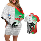 Custom Fiji And Wales Rugby Couples Matching Off Shoulder Short Dress and Hawaiian Shirt Fijian Tapa Welsh Mascots Dynamic Version