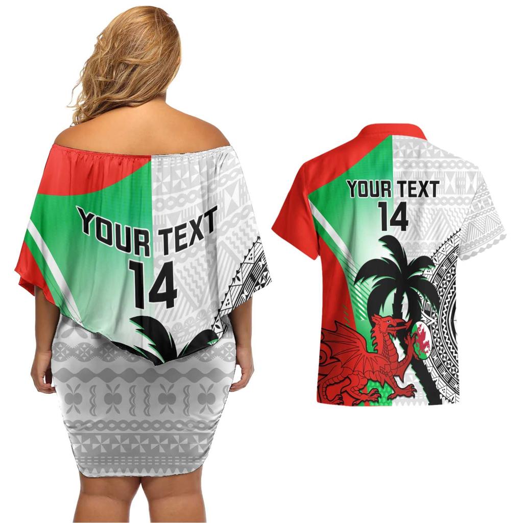 Custom Fiji And Wales Rugby Couples Matching Off Shoulder Short Dress and Hawaiian Shirt Fijian Tapa Welsh Mascots Dynamic Version