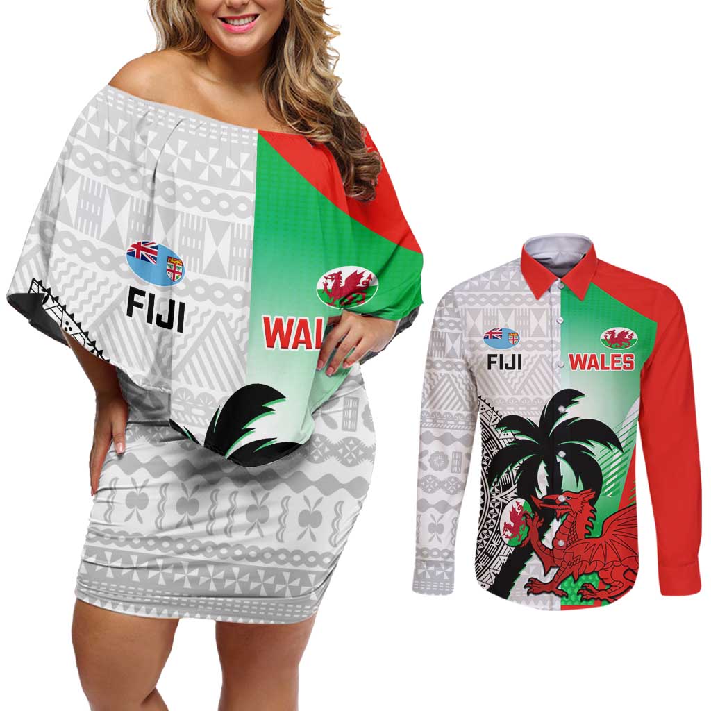 Custom Fiji And Wales Rugby Couples Matching Off Shoulder Short Dress and Long Sleeve Button Shirt Fijian Tapa Welsh Mascots Dynamic Version