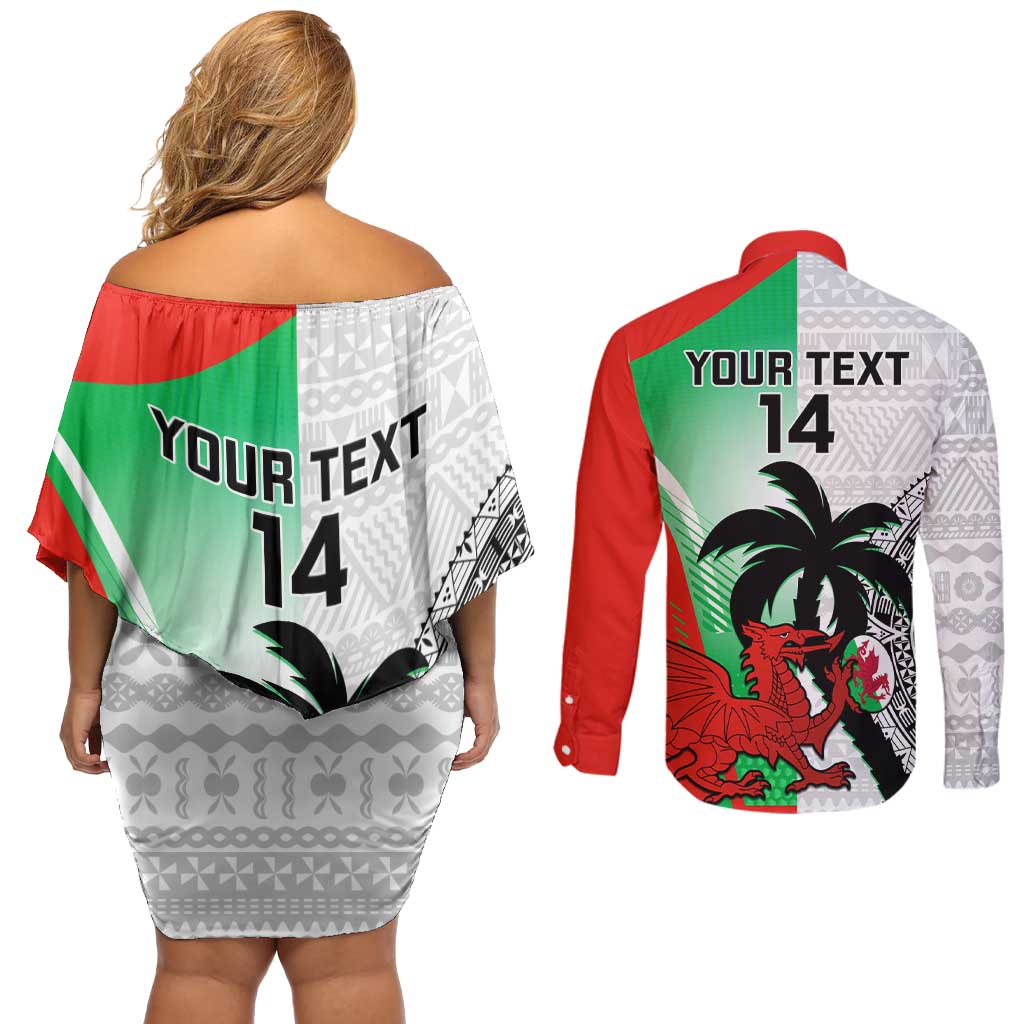 Custom Fiji And Wales Rugby Couples Matching Off Shoulder Short Dress and Long Sleeve Button Shirt Fijian Tapa Welsh Mascots Dynamic Version