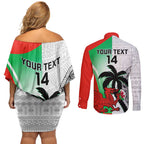 Custom Fiji And Wales Rugby Couples Matching Off Shoulder Short Dress and Long Sleeve Button Shirt Fijian Tapa Welsh Mascots Dynamic Version