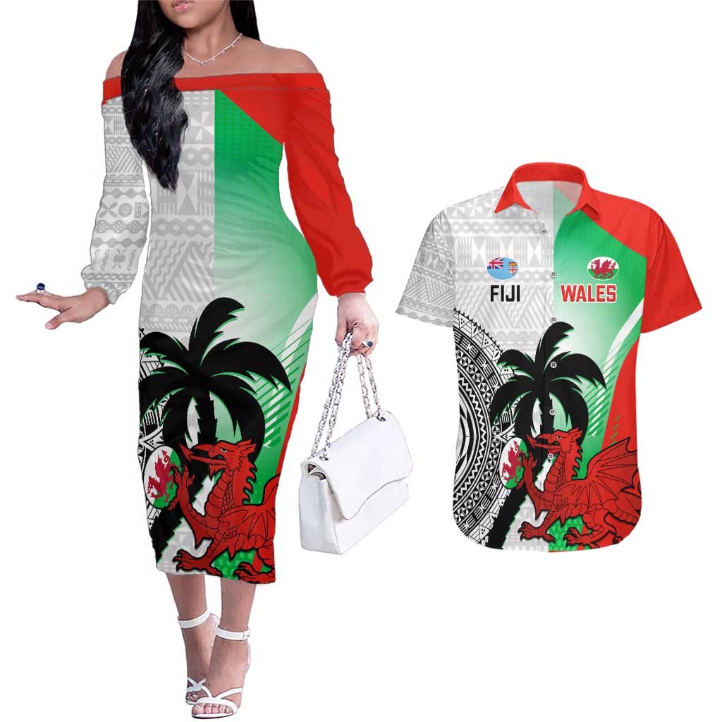 Custom Fiji And Wales Rugby Couples Matching Off The Shoulder Long Sleeve Dress and Hawaiian Shirt Fijian Tapa Welsh Mascots Dynamic Version