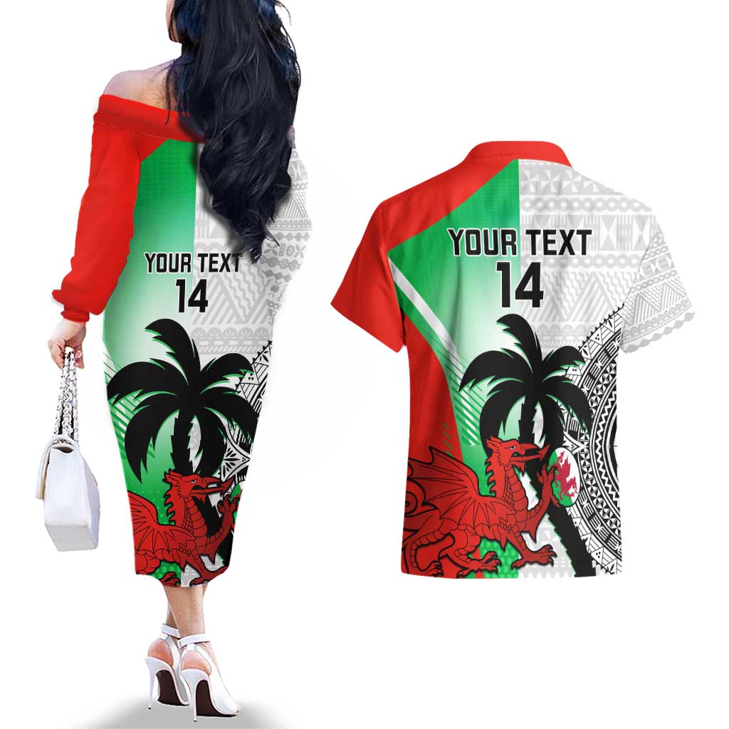 Custom Fiji And Wales Rugby Couples Matching Off The Shoulder Long Sleeve Dress and Hawaiian Shirt Fijian Tapa Welsh Mascots Dynamic Version