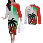 Custom Fiji And Wales Rugby Couples Matching Off The Shoulder Long Sleeve Dress and Long Sleeve Button Shirt Fijian Tapa Welsh Mascots Dynamic Version