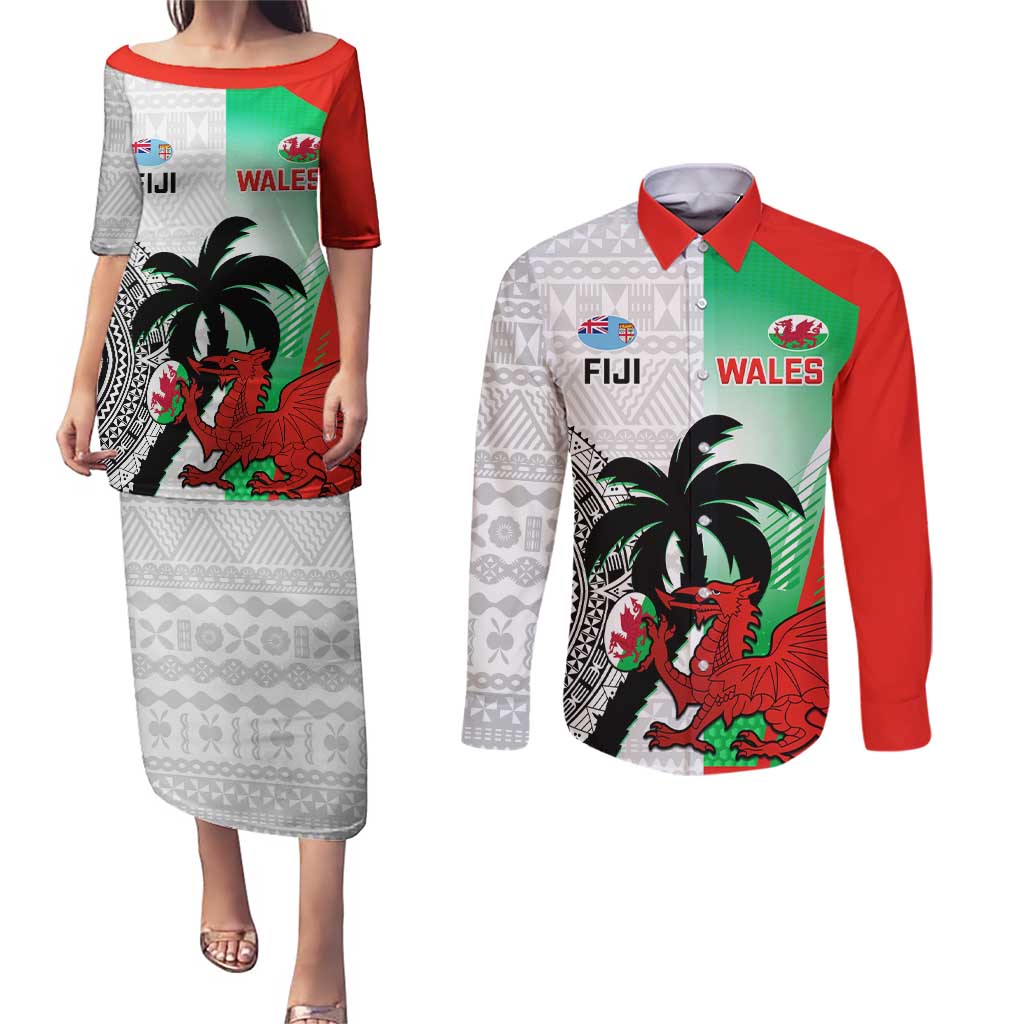 Custom Fiji And Wales Rugby Couples Matching Puletasi and Long Sleeve Button Shirt Fijian Tapa Welsh Mascots Dynamic Version
