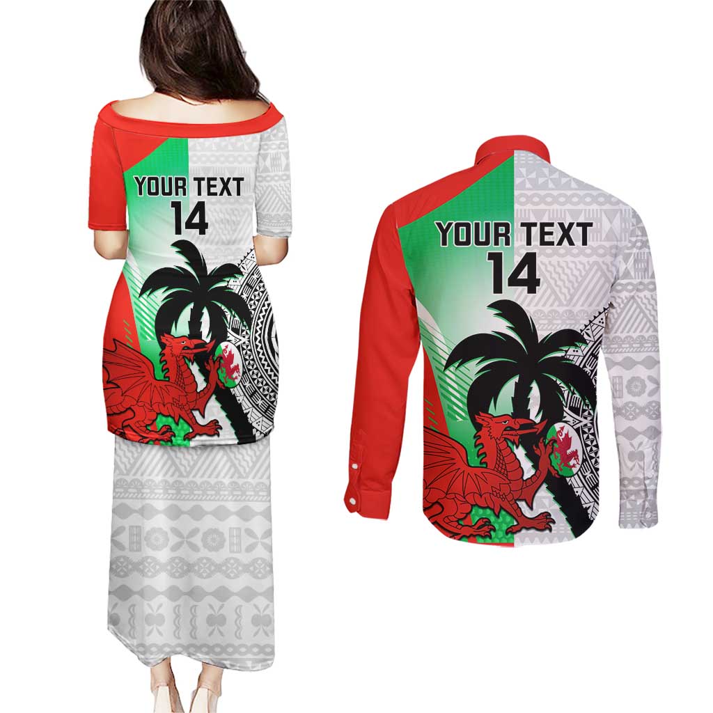 Custom Fiji And Wales Rugby Couples Matching Puletasi and Long Sleeve Button Shirt Fijian Tapa Welsh Mascots Dynamic Version
