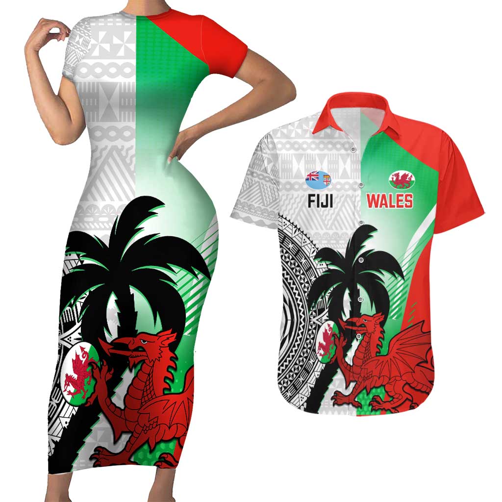 Custom Fiji And Wales Rugby Couples Matching Short Sleeve Bodycon Dress and Hawaiian Shirt Fijian Tapa Welsh Mascots Dynamic Version