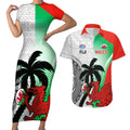 Custom Fiji And Wales Rugby Couples Matching Short Sleeve Bodycon Dress and Hawaiian Shirt Fijian Tapa Welsh Mascots Dynamic Version