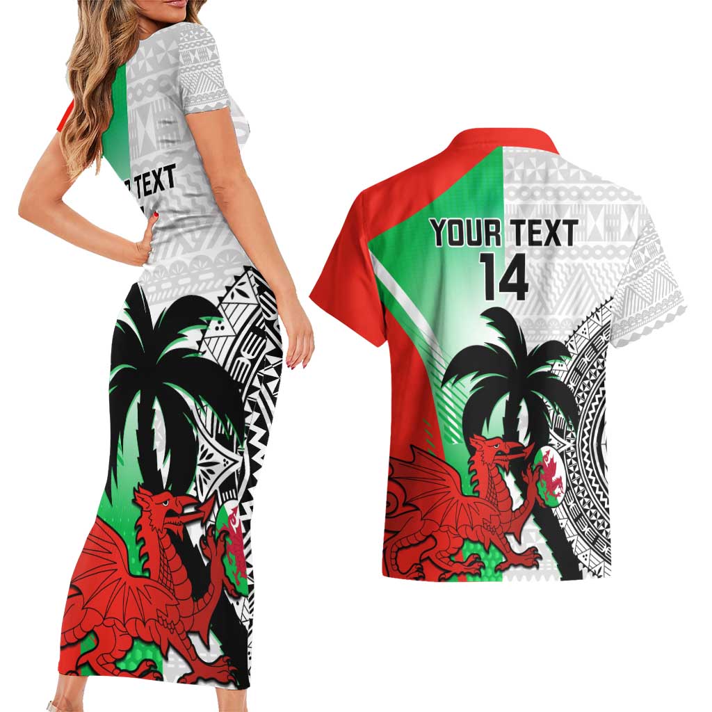 Custom Fiji And Wales Rugby Couples Matching Short Sleeve Bodycon Dress and Hawaiian Shirt Fijian Tapa Welsh Mascots Dynamic Version