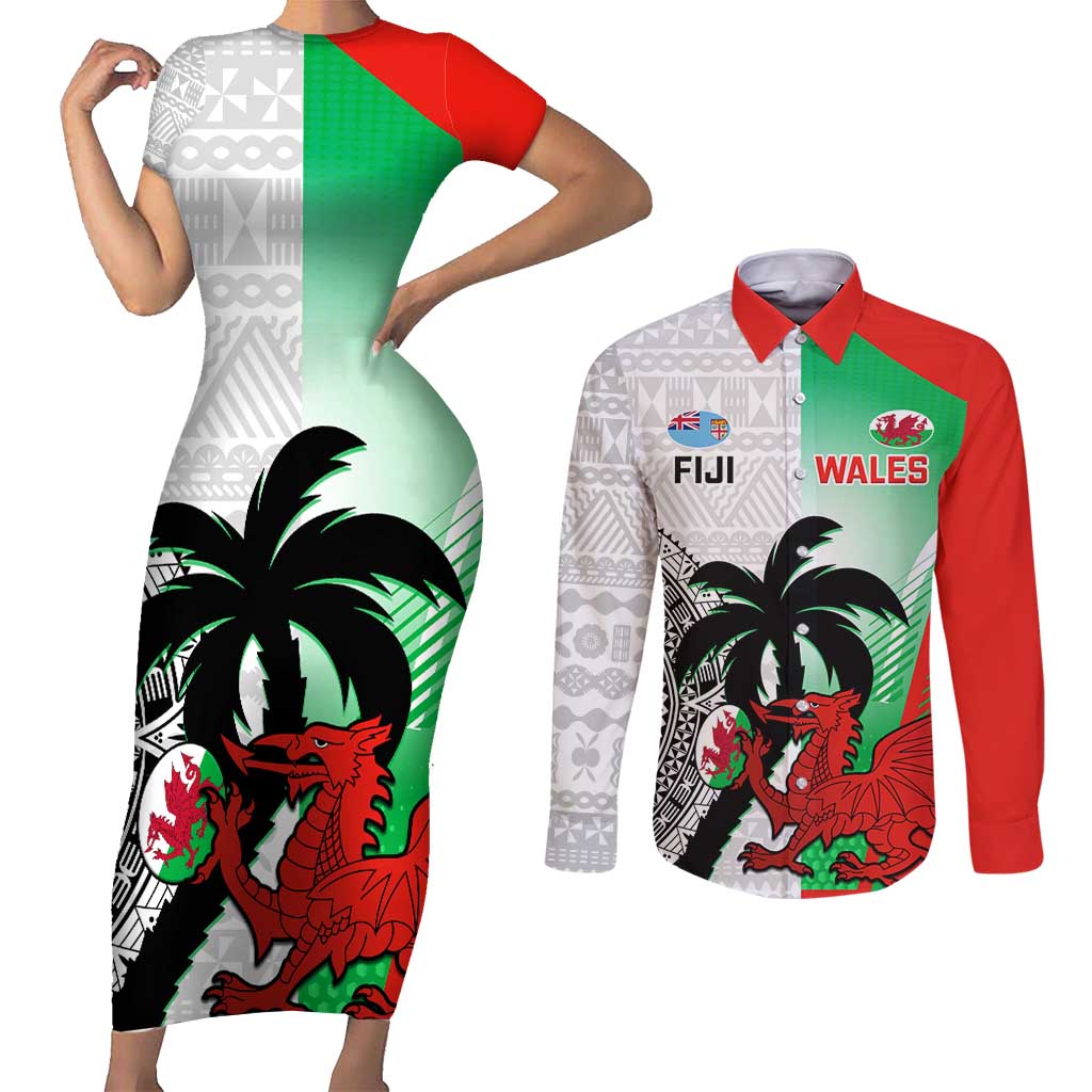 Custom Fiji And Wales Rugby Couples Matching Short Sleeve Bodycon Dress and Long Sleeve Button Shirt Fijian Tapa Welsh Mascots Dynamic Version