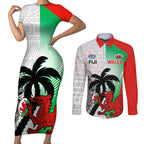 Custom Fiji And Wales Rugby Couples Matching Short Sleeve Bodycon Dress and Long Sleeve Button Shirt Fijian Tapa Welsh Mascots Dynamic Version