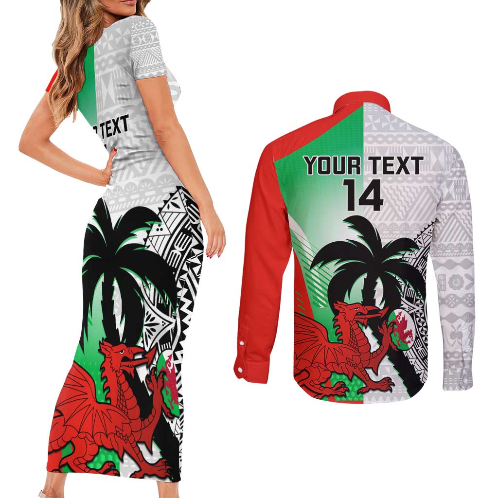 Custom Fiji And Wales Rugby Couples Matching Short Sleeve Bodycon Dress and Long Sleeve Button Shirt Fijian Tapa Welsh Mascots Dynamic Version