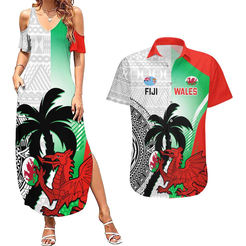Custom Fiji And Wales Rugby Couples Matching Summer Maxi Dress and Hawaiian Shirt Fijian Tapa Welsh Mascots Dynamic Version