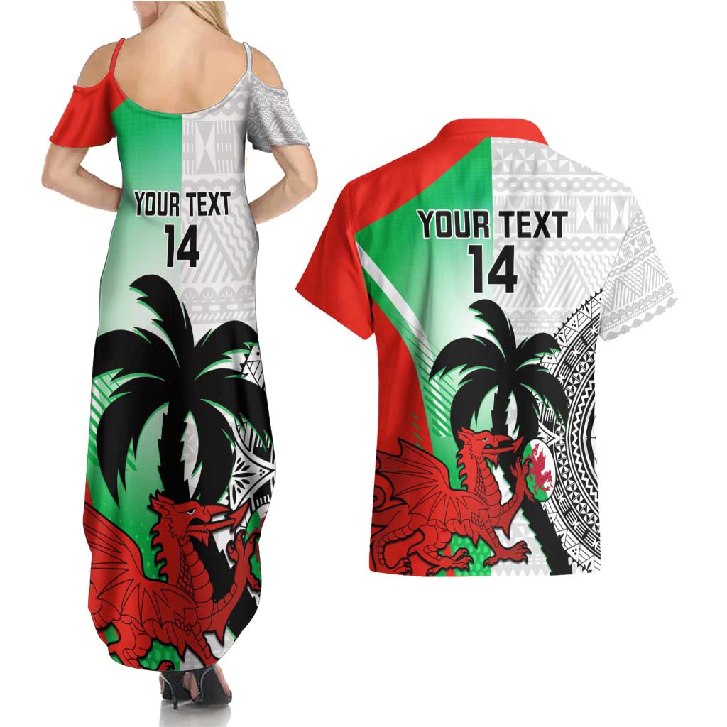 Custom Fiji And Wales Rugby Couples Matching Summer Maxi Dress and Hawaiian Shirt Fijian Tapa Welsh Mascots Dynamic Version