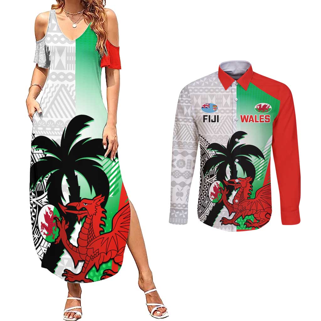Custom Fiji And Wales Rugby Couples Matching Summer Maxi Dress and Long Sleeve Button Shirt Fijian Tapa Welsh Mascots Dynamic Version
