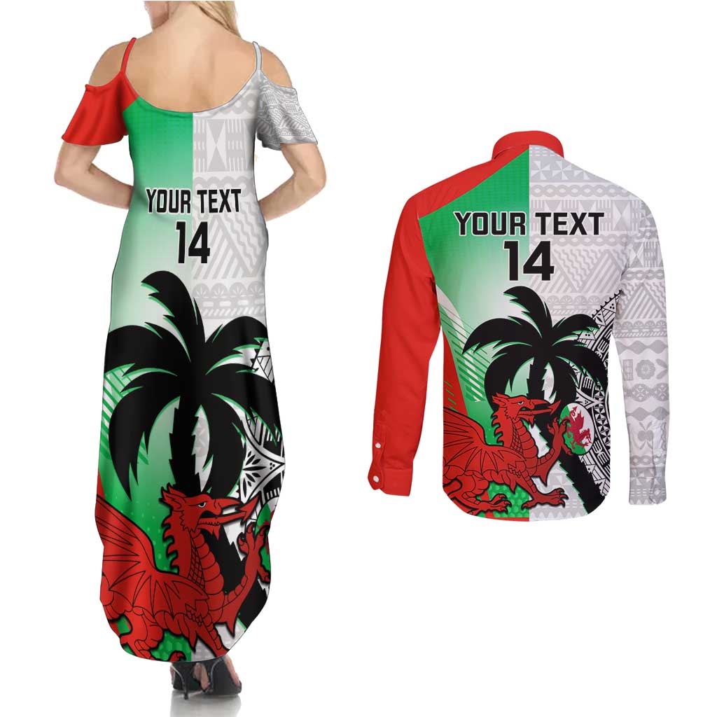 Custom Fiji And Wales Rugby Couples Matching Summer Maxi Dress and Long Sleeve Button Shirt Fijian Tapa Welsh Mascots Dynamic Version