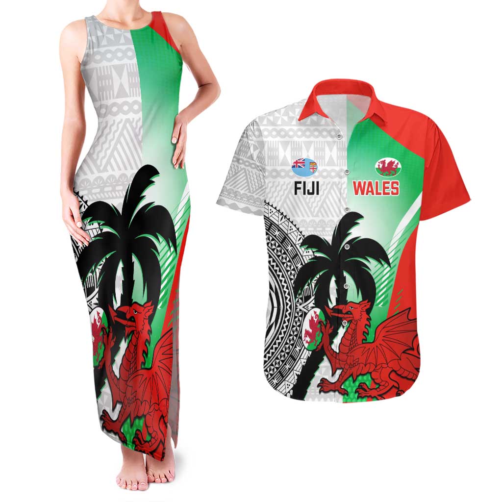 Custom Fiji And Wales Rugby Couples Matching Tank Maxi Dress and Hawaiian Shirt Fijian Tapa Welsh Mascots Dynamic Version