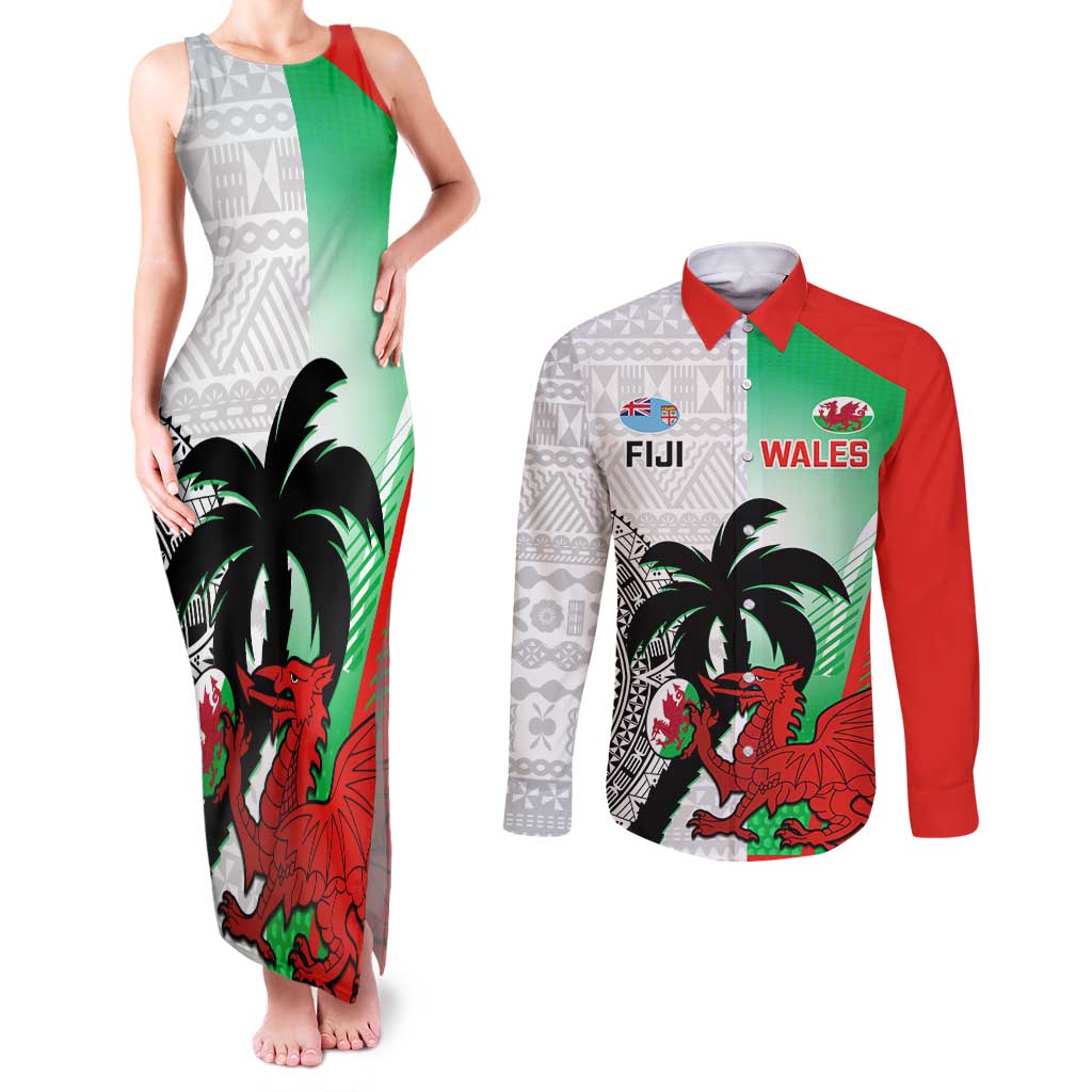 Custom Fiji And Wales Rugby Couples Matching Tank Maxi Dress and Long Sleeve Button Shirt Fijian Tapa Welsh Mascots Dynamic Version