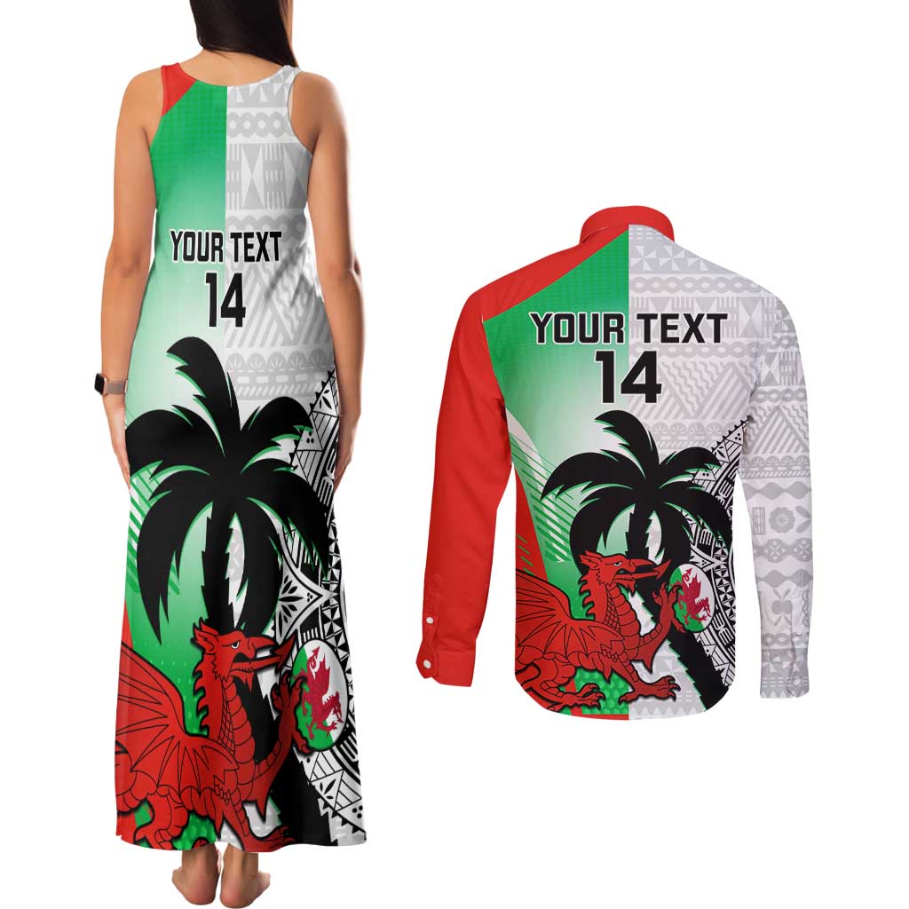 Custom Fiji And Wales Rugby Couples Matching Tank Maxi Dress and Long Sleeve Button Shirt Fijian Tapa Welsh Mascots Dynamic Version