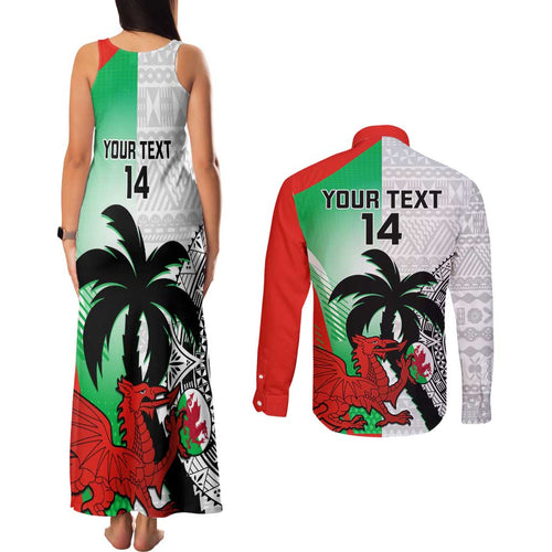 Custom Fiji And Wales Rugby Couples Matching Tank Maxi Dress and Long Sleeve Button Shirt Fijian Tapa Welsh Mascots Dynamic Version