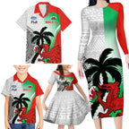 Custom Fiji And Wales Rugby Family Matching Long Sleeve Bodycon Dress and Hawaiian Shirt Fijian Tapa Welsh Mascots Dynamic Version