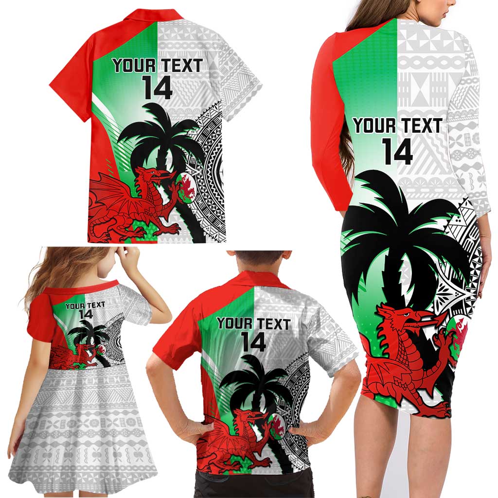 Custom Fiji And Wales Rugby Family Matching Long Sleeve Bodycon Dress and Hawaiian Shirt Fijian Tapa Welsh Mascots Dynamic Version
