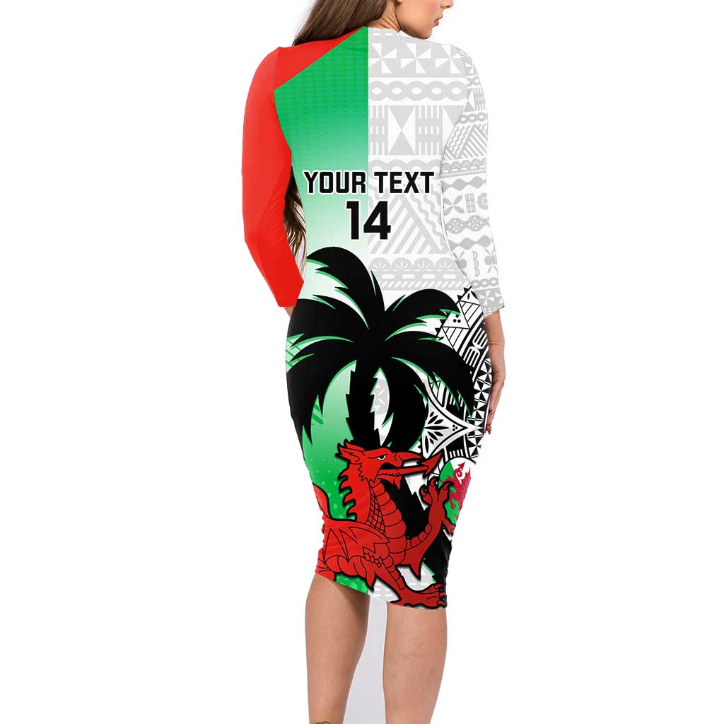 Custom Fiji And Wales Rugby Family Matching Long Sleeve Bodycon Dress and Hawaiian Shirt Fijian Tapa Welsh Mascots Dynamic Version