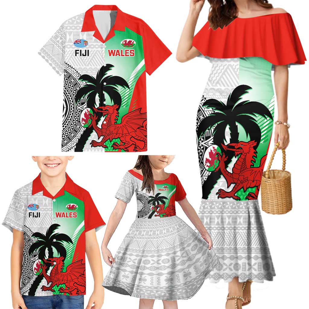 Custom Fiji And Wales Rugby Family Matching Mermaid Dress and Hawaiian Shirt Fijian Tapa Welsh Mascots Dynamic Version
