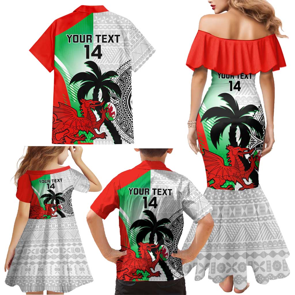 Custom Fiji And Wales Rugby Family Matching Mermaid Dress and Hawaiian Shirt Fijian Tapa Welsh Mascots Dynamic Version