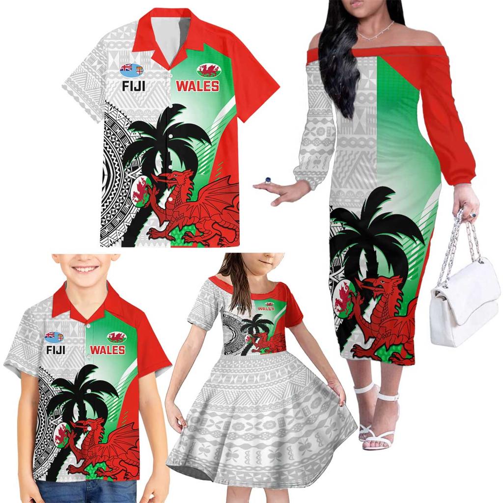 Custom Fiji And Wales Rugby Family Matching Off The Shoulder Long Sleeve Dress and Hawaiian Shirt Fijian Tapa Welsh Mascots Dynamic Version