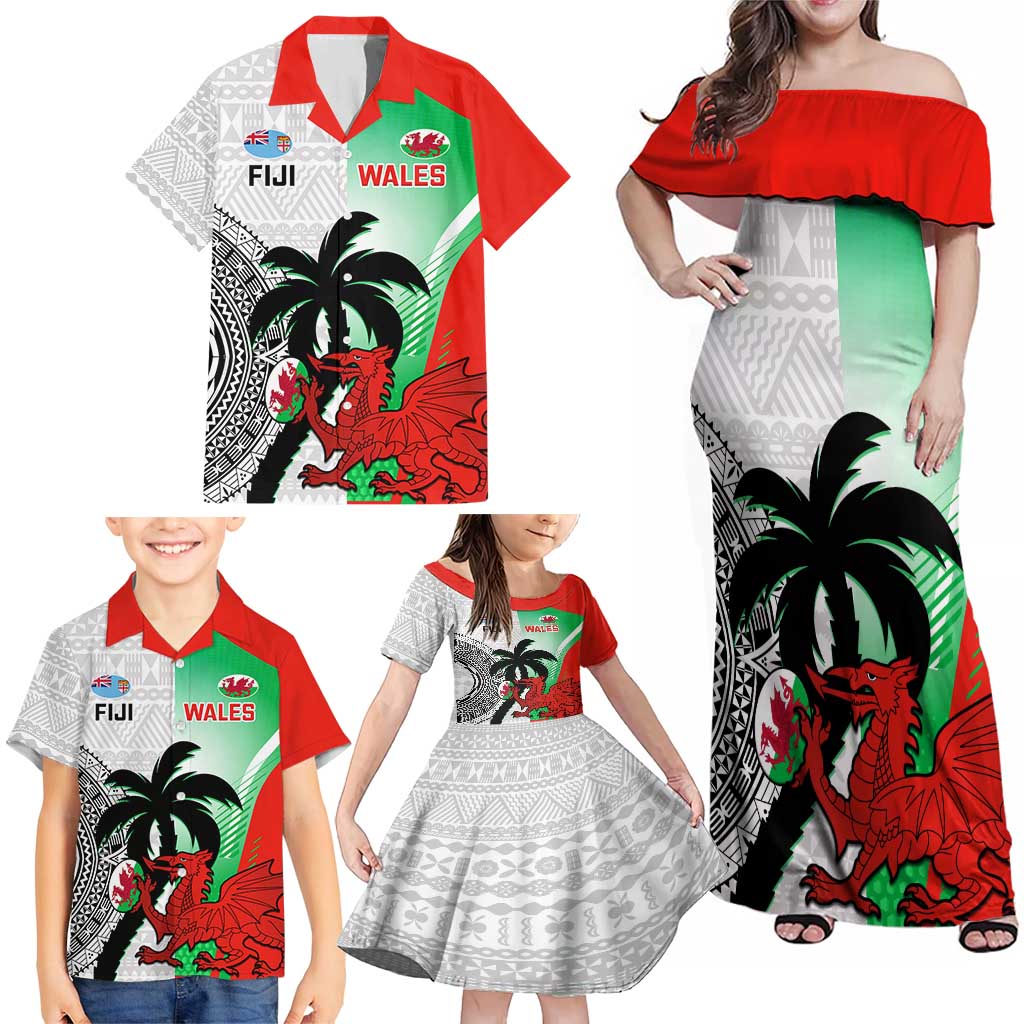 Custom Fiji And Wales Rugby Family Matching Off Shoulder Maxi Dress and Hawaiian Shirt Fijian Tapa Welsh Mascots Dynamic Version