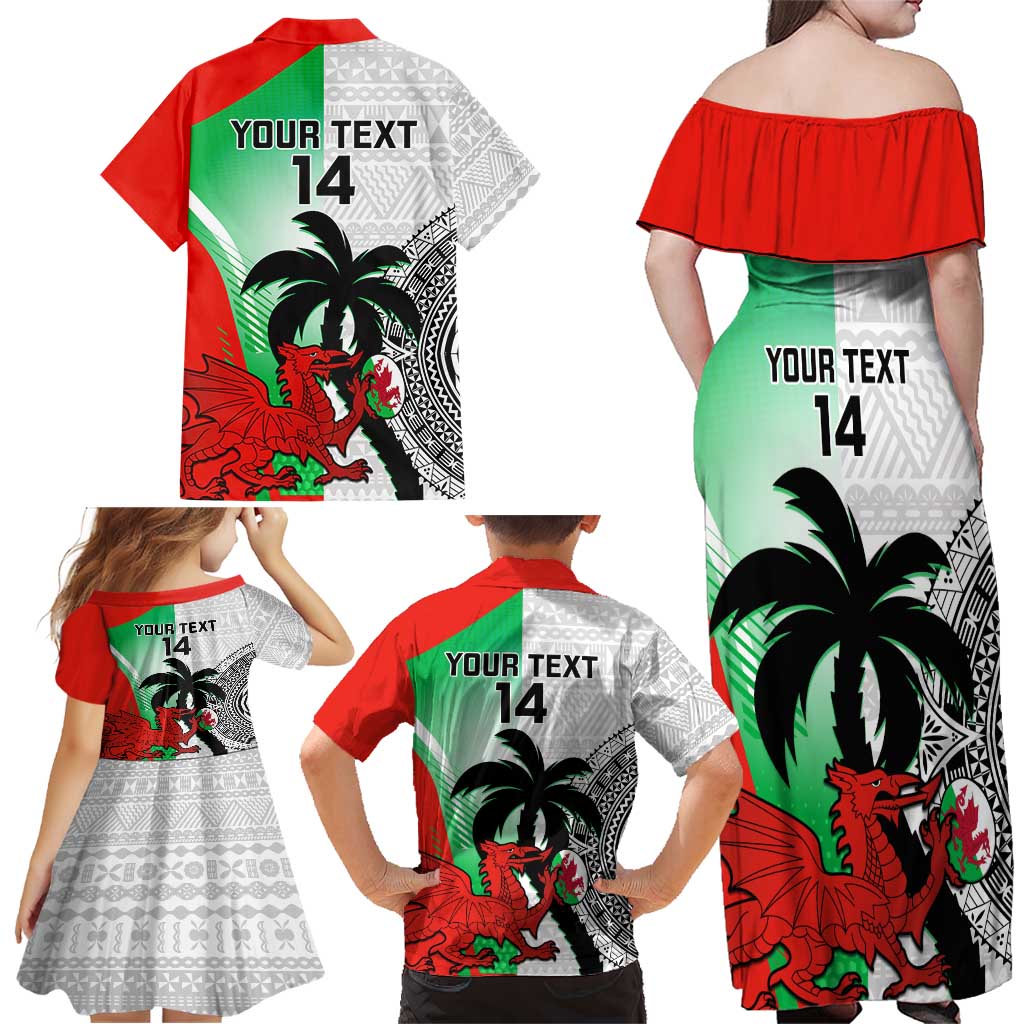 Custom Fiji And Wales Rugby Family Matching Off Shoulder Maxi Dress and Hawaiian Shirt Fijian Tapa Welsh Mascots Dynamic Version