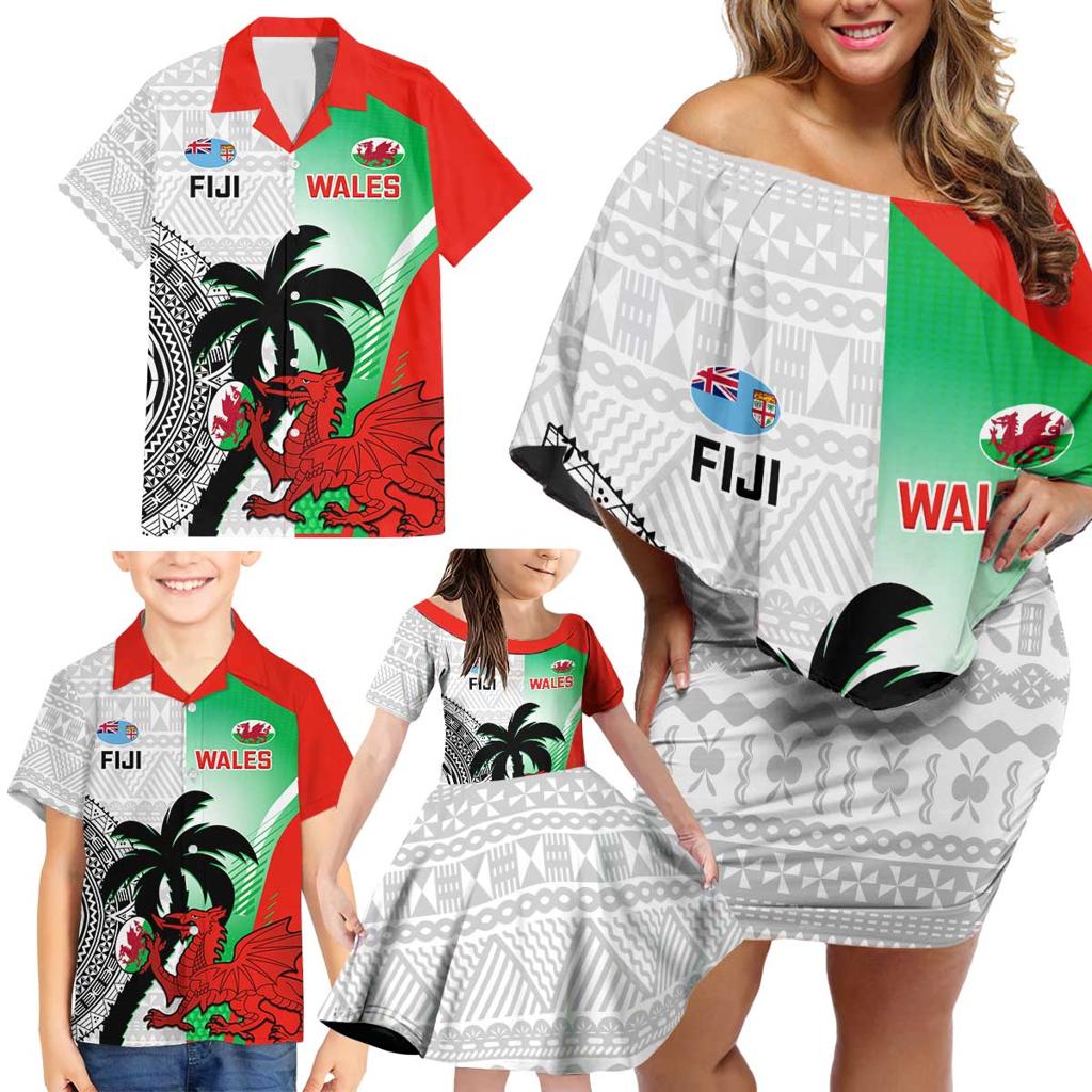 Custom Fiji And Wales Rugby Family Matching Off Shoulder Short Dress and Hawaiian Shirt Fijian Tapa Welsh Mascots Dynamic Version